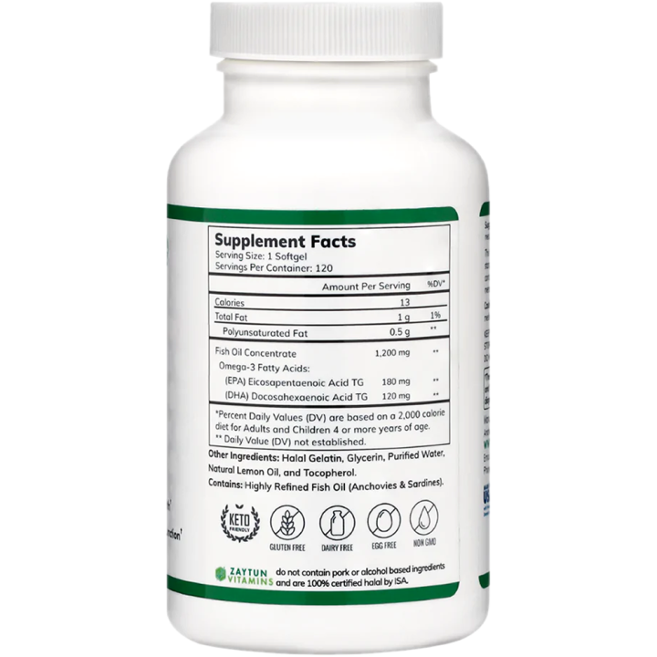 Halal Fish Oil Omega 3 (120 Softgels) | Brain & Heart Support Vitamins